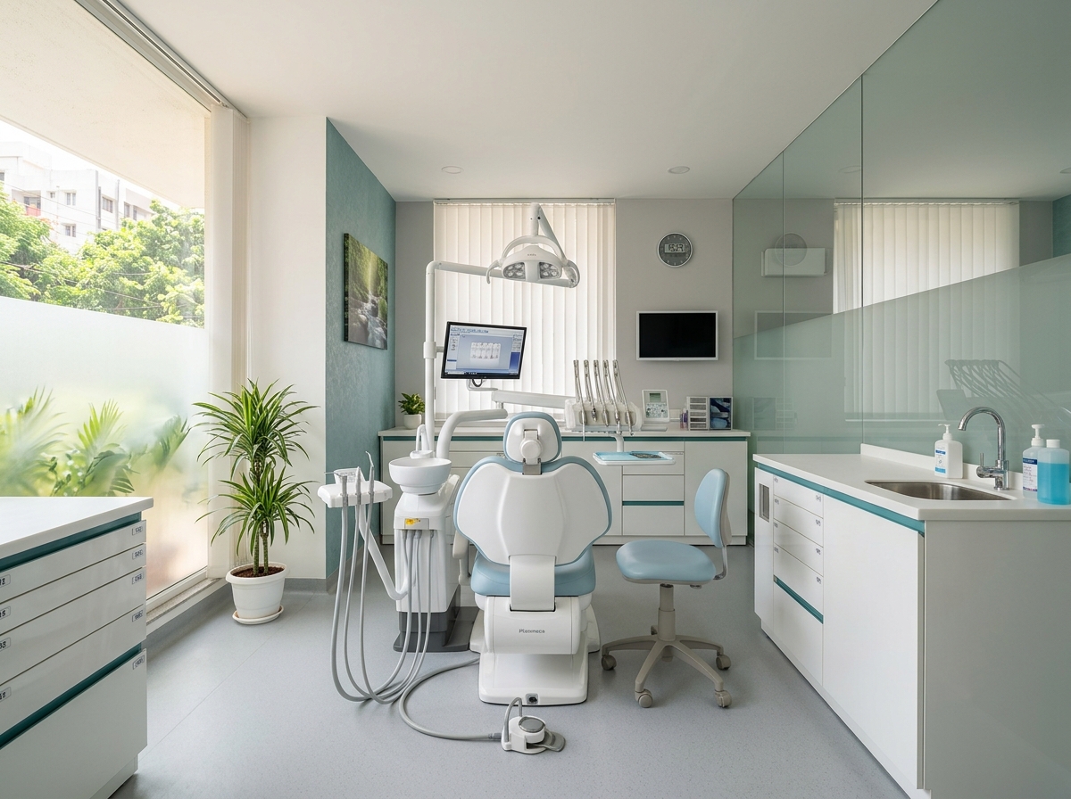 Spotless, modern dental treatment room interior with dental chair at Aadhira Dental Clinic in Chennai