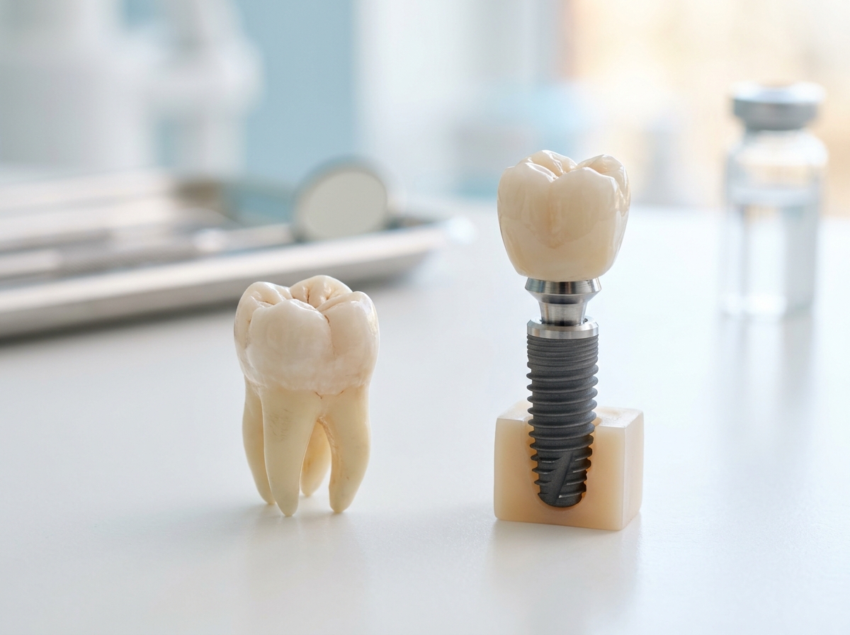 Titanium dental implant post with ceramic crown beside natural molar tooth model