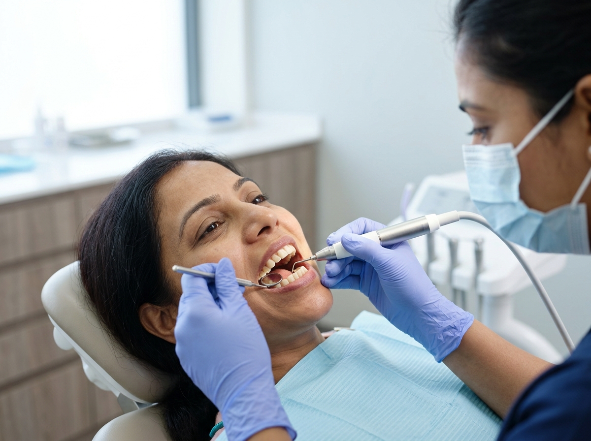 Professional dental scaling treatment in progress with ultrasonic scaler