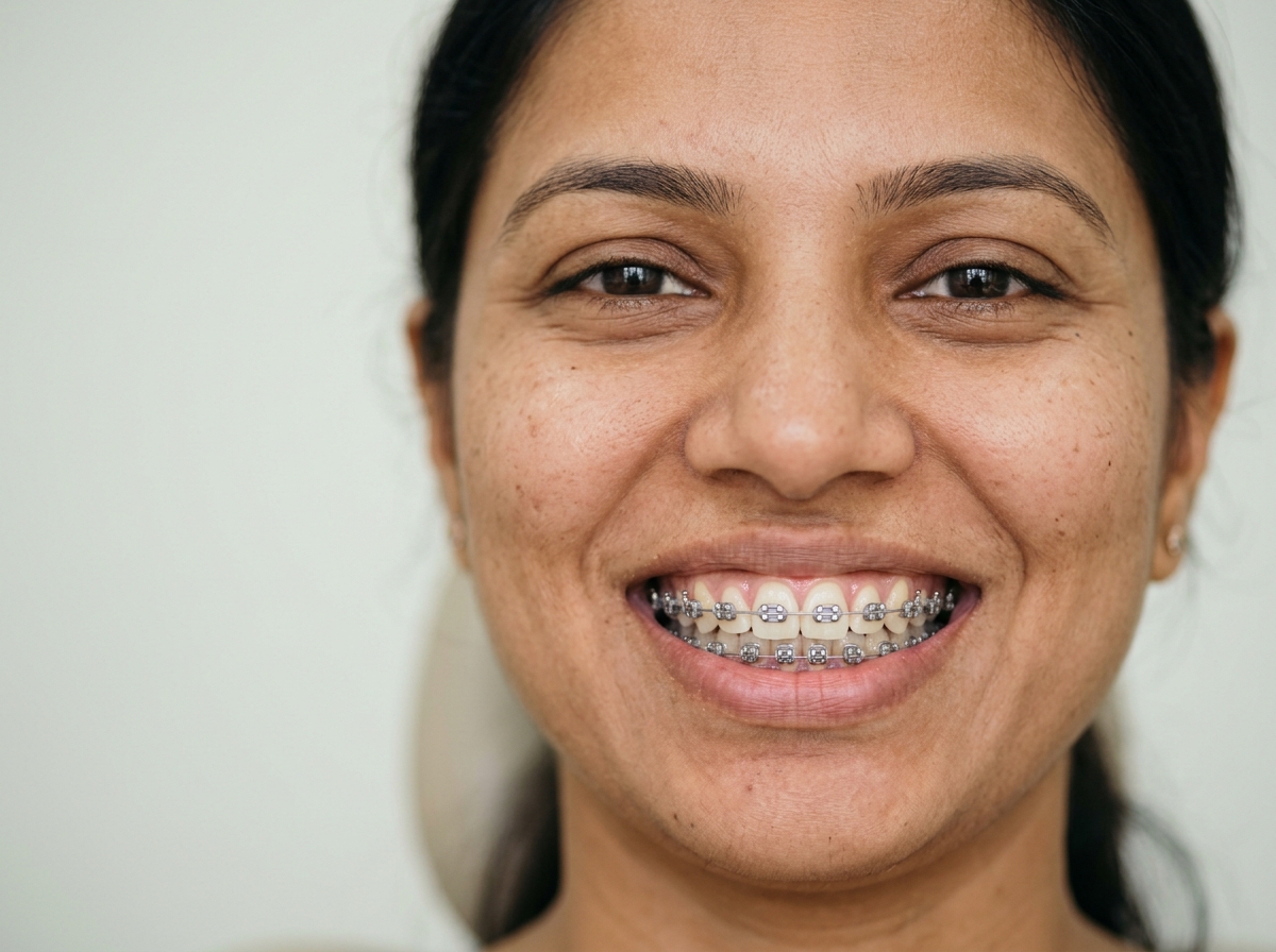Adult patient smiling showing professionally fitted orthodontic braces
