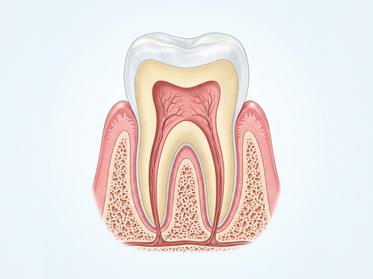 Medically accurate anatomical cross-section showing tooth root canal structure